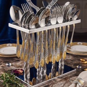 Gold and Silver Cutlery Set with Stand"
